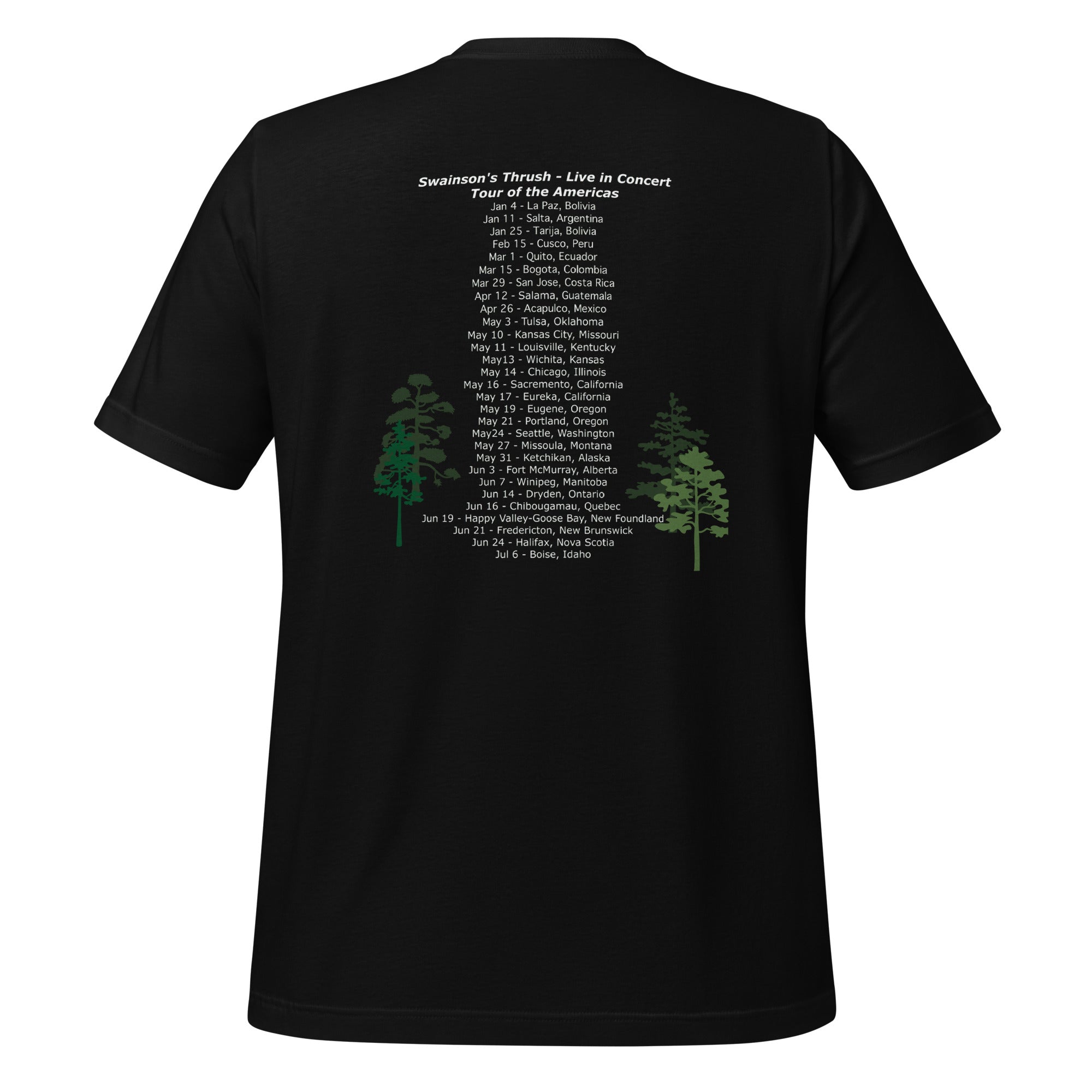 Dark gray unisex bird shirt mimicking a concert t-shirt with the words "Swainson's Thrush" and below that, "Tour of the Americas" and below that an illustrated Swainson's thrush singing into a microphone. Back of shirt, (not shown) has concert dates and cities where this bird can be heard.