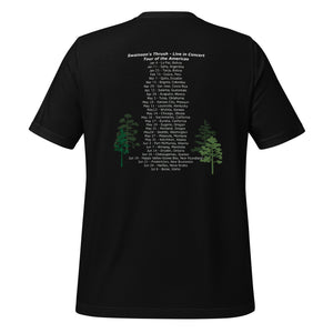 Black unisex bird shirt mimicking a concert t-shirt with the words "Swainson's Thrush" and below that, "Tour of the Americas" and below that an illustrated Swainson's thrush singing into a microphone. Back of shirt, (shown) has concert dates and cities where this bird can be heard.