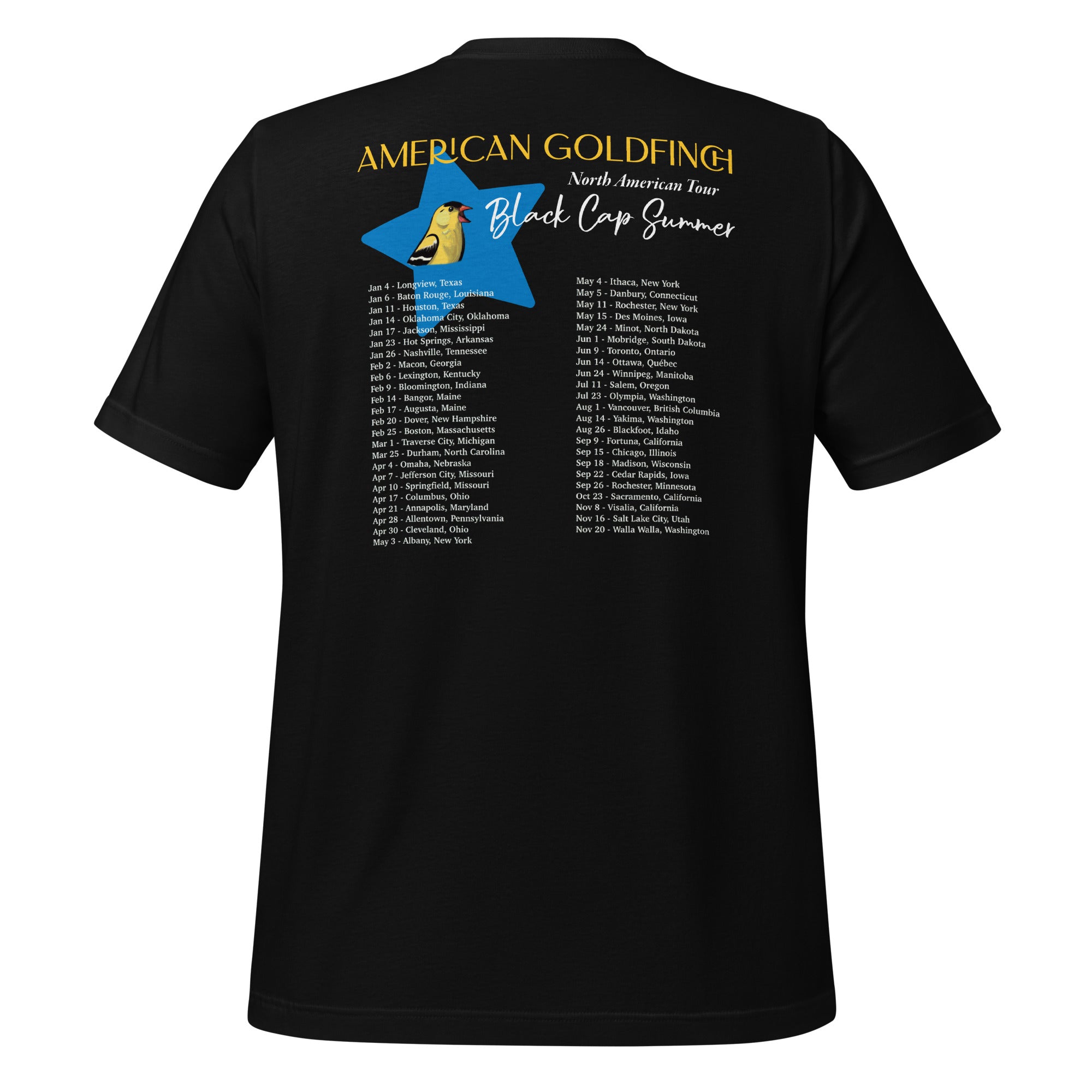 Dark gray unisex bird shirt featuring an American goldfinch singing into a microphone with a list of dates and cities on the back where the bird is commonly seen.