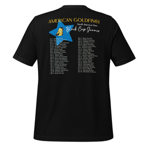 Black unisex bird shirt featuring an American goldfinch singing into a microphone with a list of dates and cities on the back where the bird is commonly seen. Rear view.