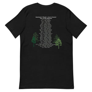 Black unisex bird shirt mimicking a concert t-shirt with the words "Swainson's Thrush" and below that, "Tour of the Americas" and below that an illustrated Swainson's thrush singing into a microphone. Back of shirt, (not shown) has concert dates and cities where this bird can be heard. Rear of shirt shown.