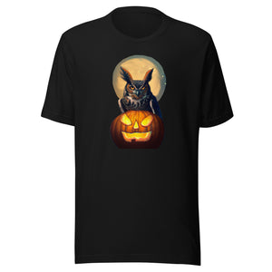 Black bird t-shirt with a great horned owl sitting behind a jack-o-lantern with a full moon rising behind.