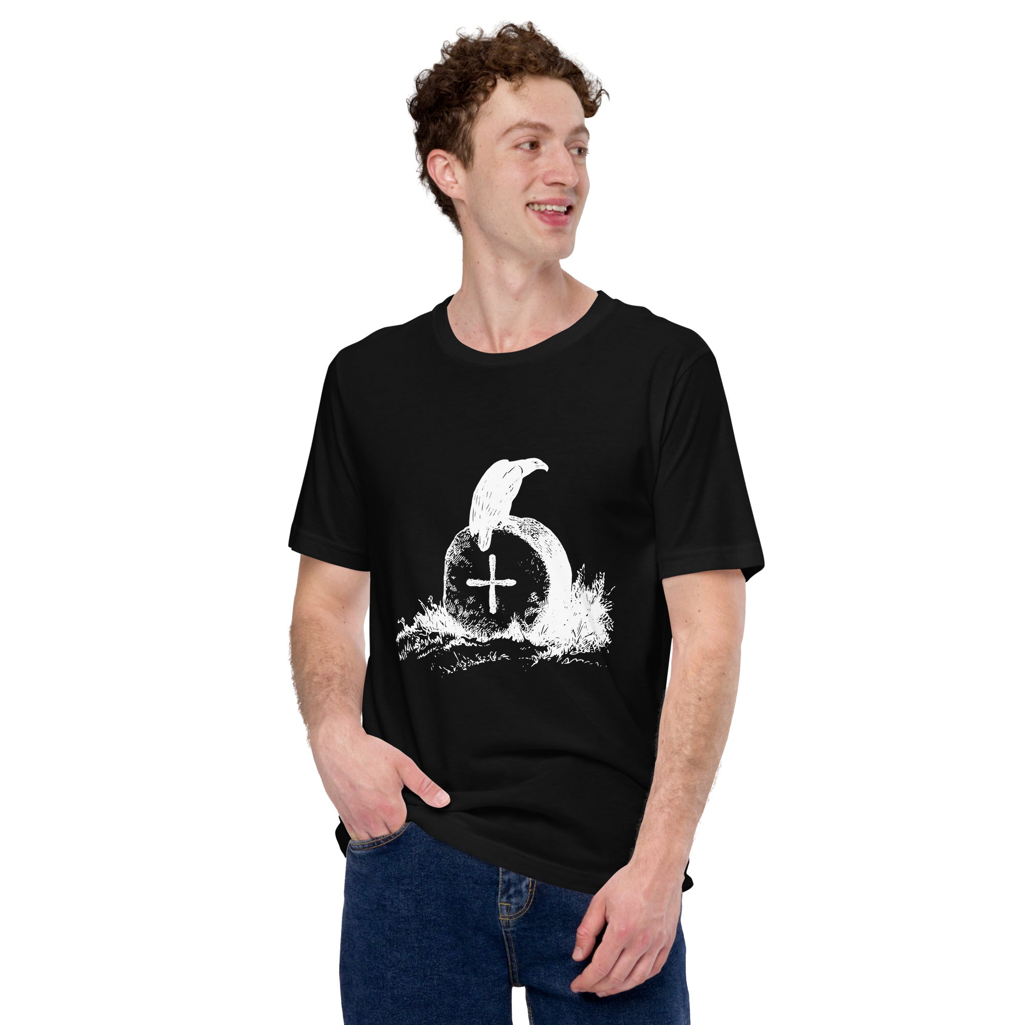 Black bird t-shirt with a picture of raven sitting onto of an unmarked grave. Worn by a man.