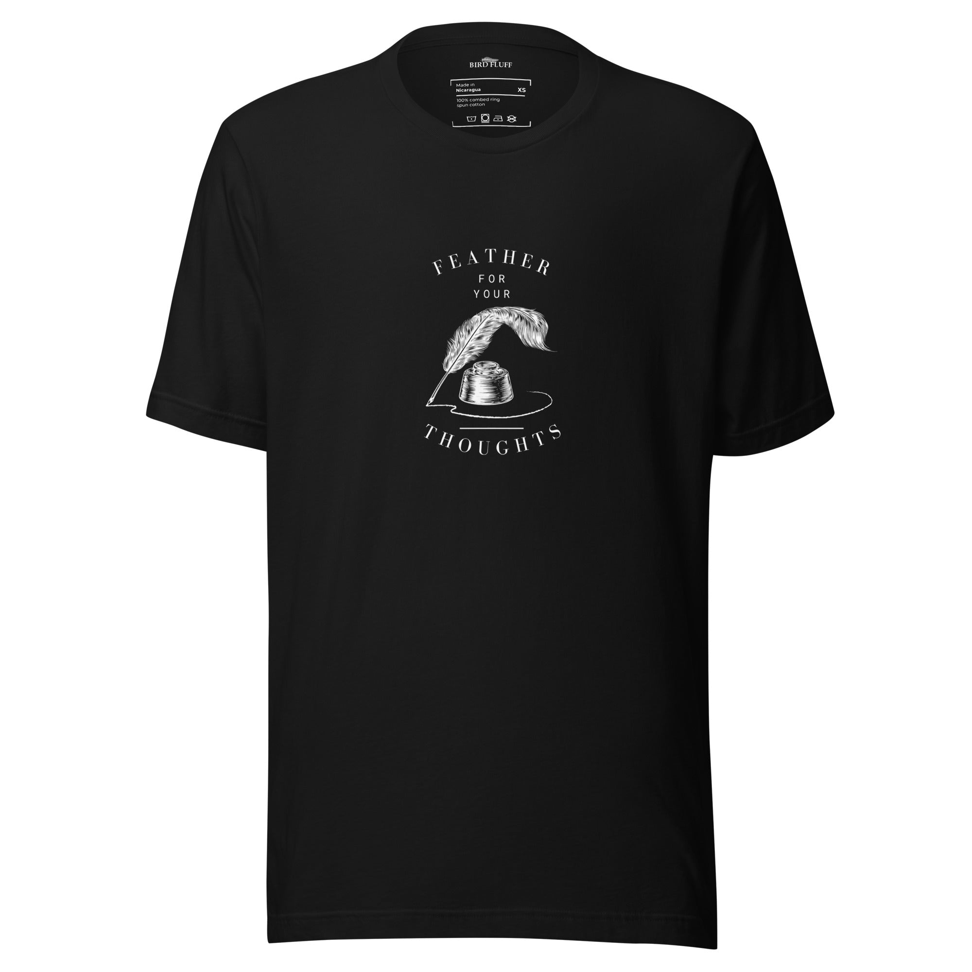 Black unisex t-shirt with a quill and an ink pot and the words, "Feather for your Thoughts."