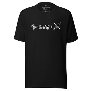 Unisex black bird t-shirt celebrating bird watching and kayaking with a graphic of binoculars, a bird, and a kayak.