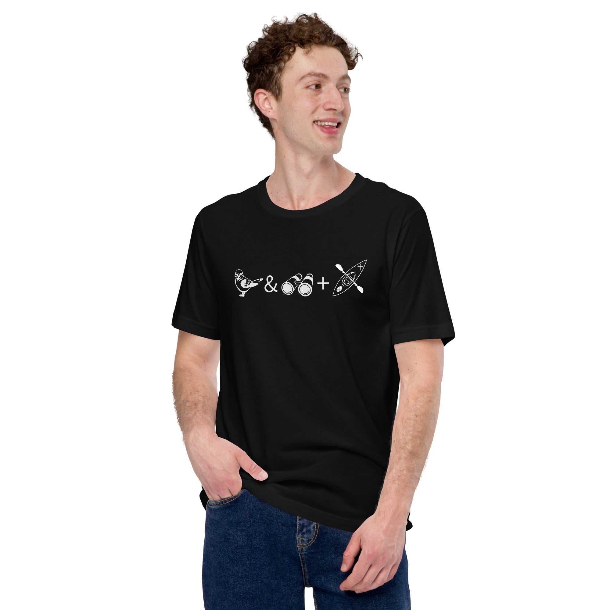 Unisex black bird t-shirt celebrating bird watching and kayaking with a graphic of binoculars, a bird, and a kayak. Worn by a man.