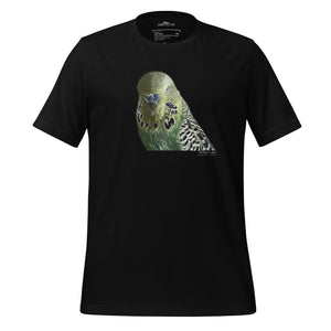 Black unisex t-shirt with an illustrated and lifelike graphic of a green and yellow parakeet or budgie on the front. Below and to the right of the picture is the word Budgerigar and below that the scientific name in parenthesis in small print.