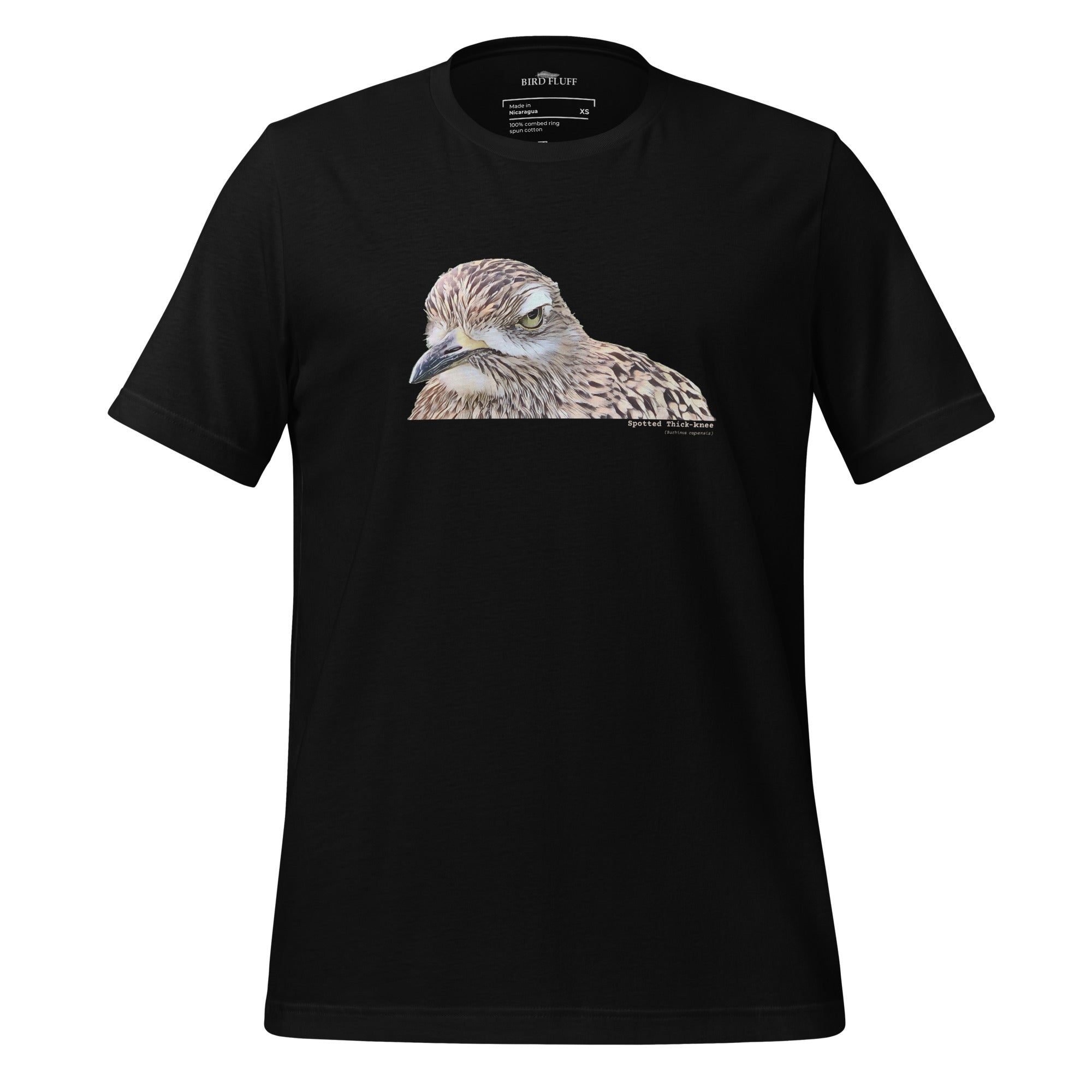 Black unisex bird shirt with a lifelike illustration of a Spotted Thickknee on the front and the words Spotted Thickknee in small print below, with the scientific name included.