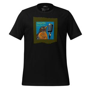 Black unisex bird t-shirt featuring an illustration of an American Robin and a microphone and the words American Robin, Spring Fling Tour.