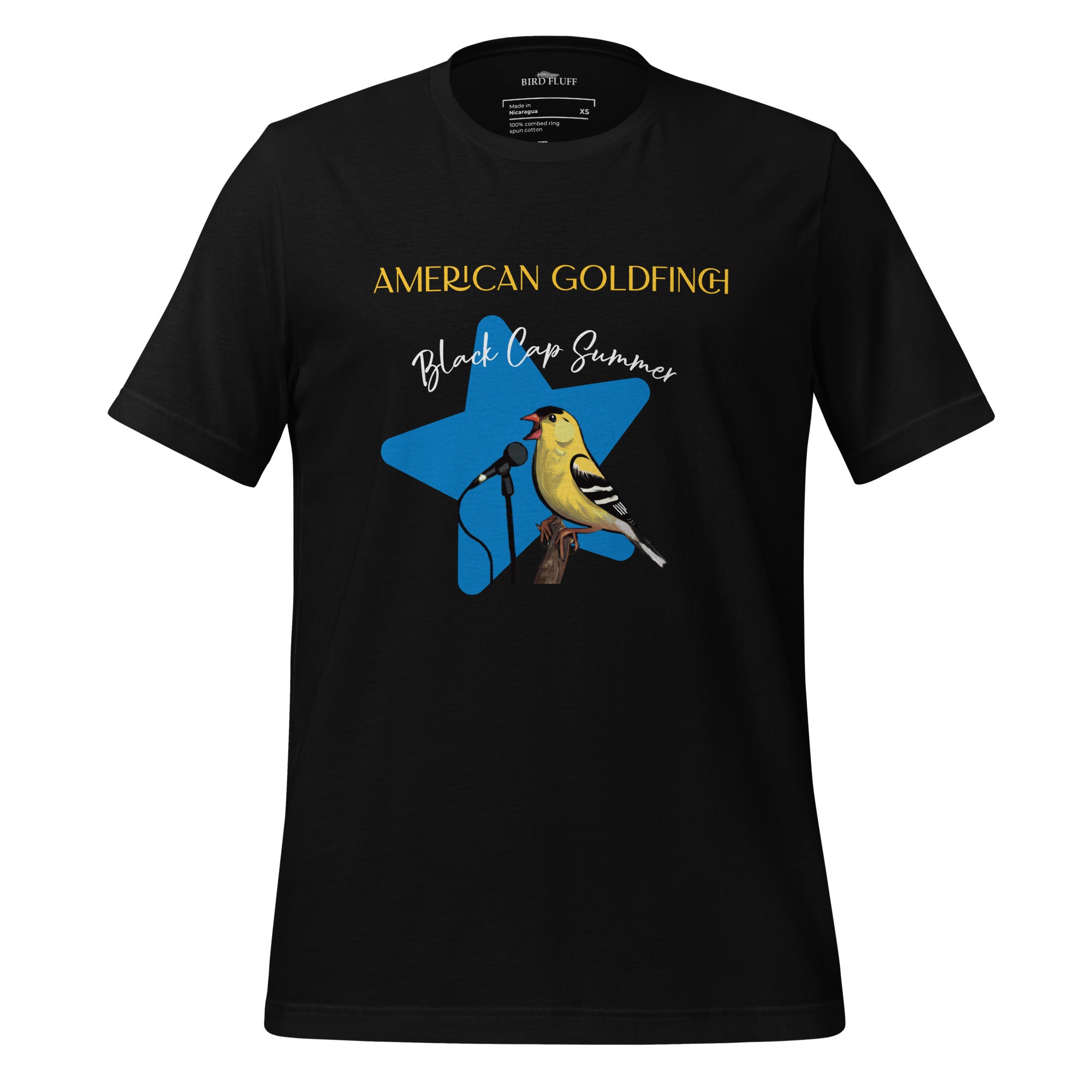 Black unisex bird shirt featuring an American goldfinch singing into a microphone with a list of dates and cities on the back where the bird is commonly seen.