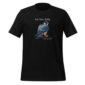 A black bird shirt with the words, "Fast. Fierce. Fluffy" above an illustration of a peregrine falcon.