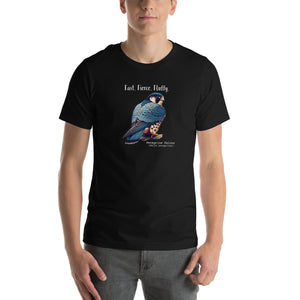 A black bird shirt with the words, "Fast. Fierce. Fluffy" above an illustration of a peregrine falcon. Worn by a man.