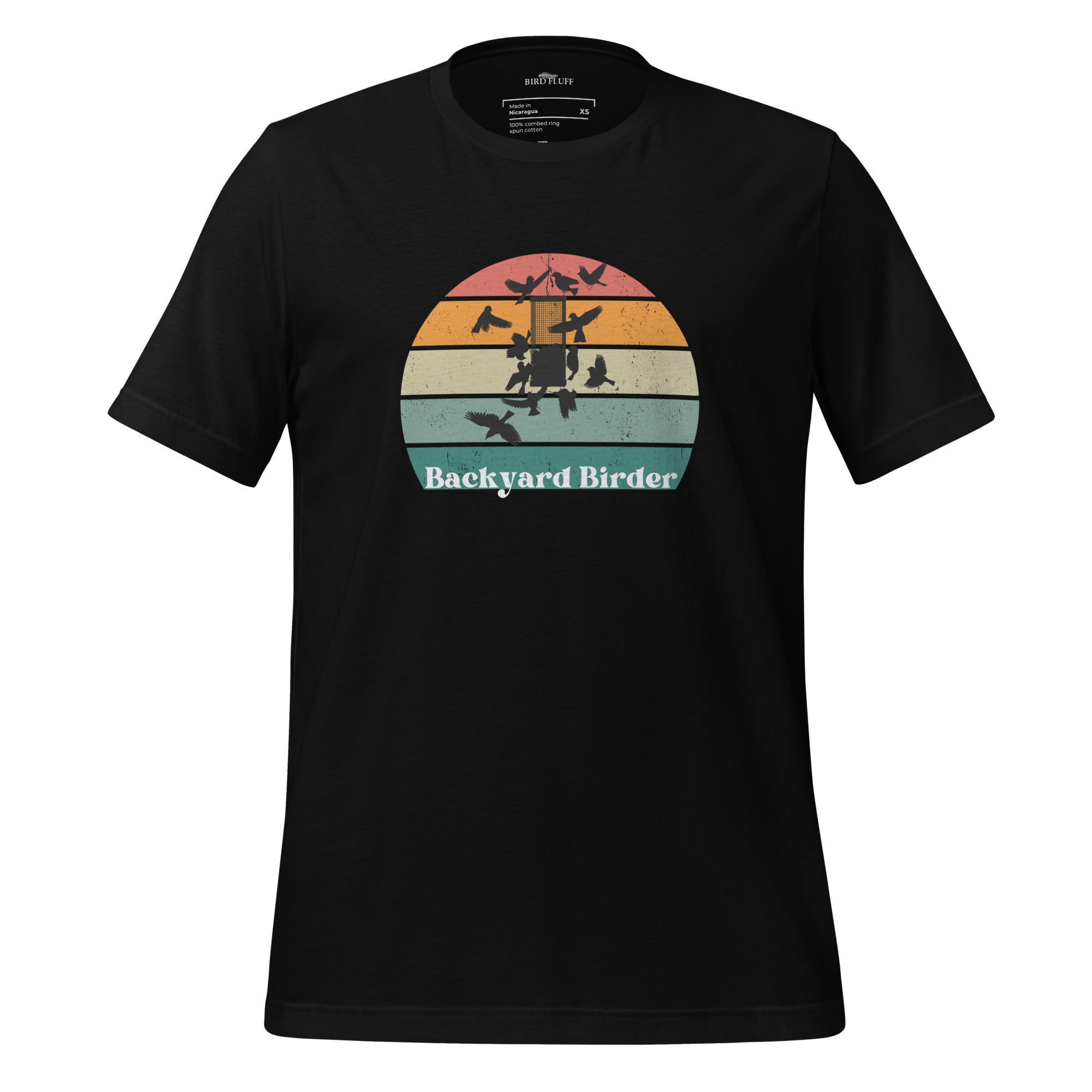 Black bird shirt with a retro sun design outlining a bird feeder with the words Backyard Birder.