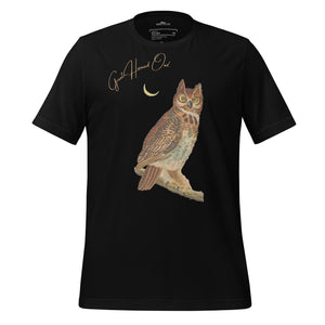 Black bird shirt with vintage owl art and the words "Great Horned Owl" on the top right.