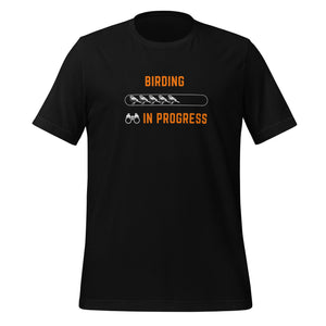 Black bird shirt with the words Birding in Progress on the front around a loading progress bar .