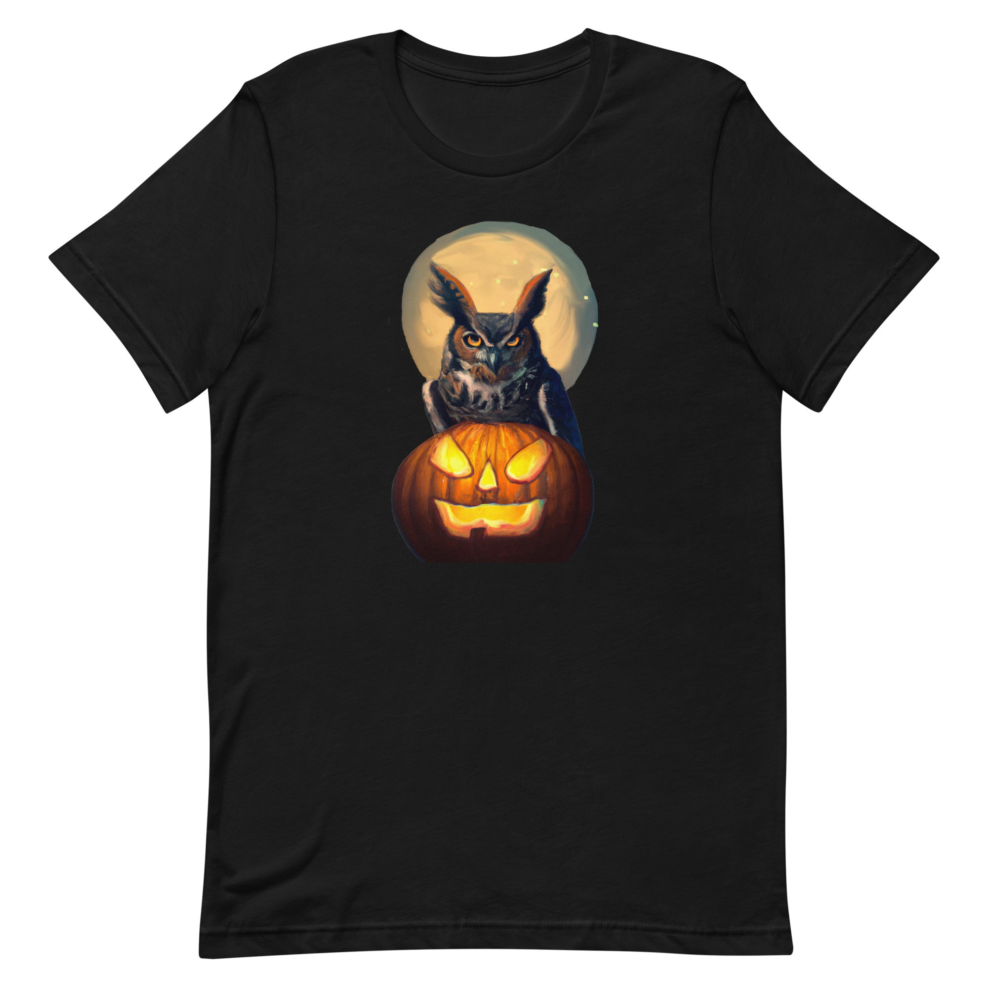 Black bird t-shirt with a great horned owl, behind a jack-o-lantern under a full moon.