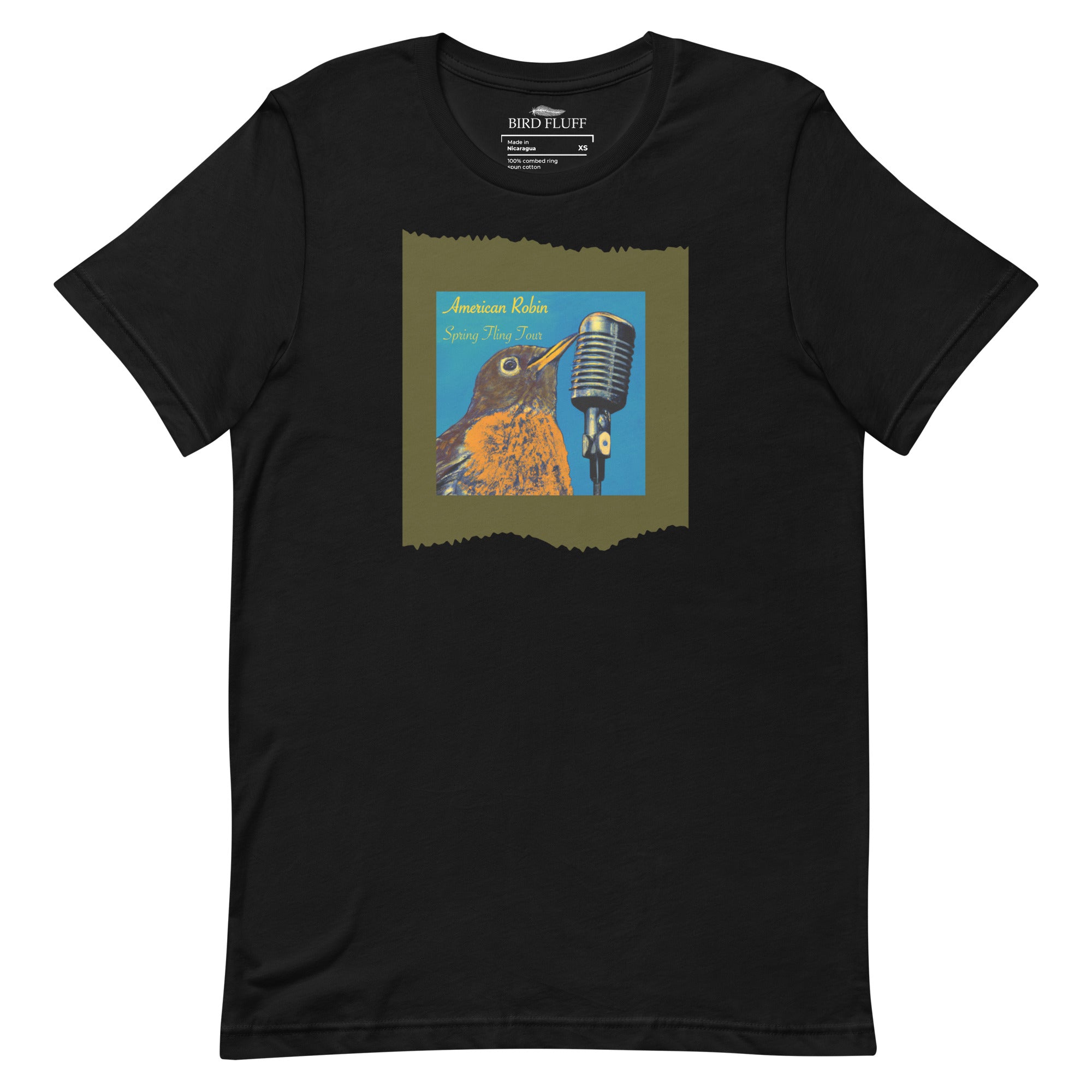 Black unisex bird t-shirt featuring an illustration of an American Robin and a microphone and the words American Robin, Spring Fling Tour.