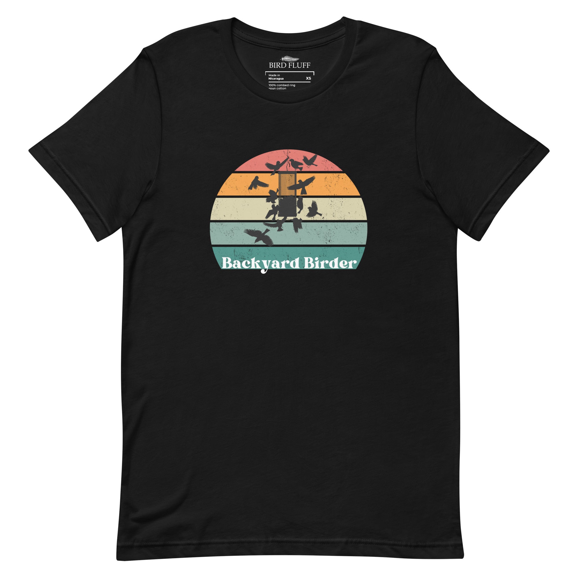 Black bird shirt with a retro sun design outlining a bird feeder with the words Backyard Birder.