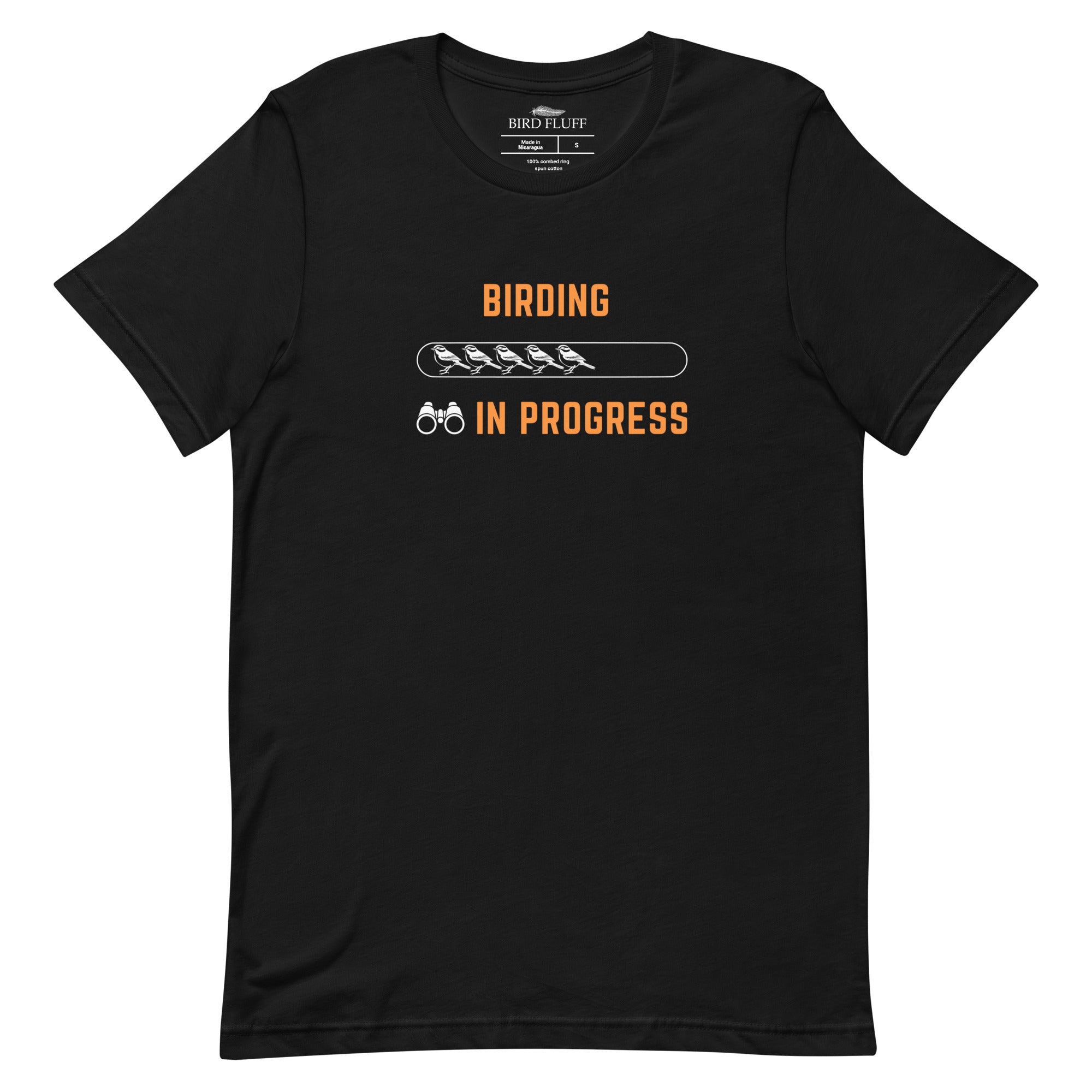 Black bird shirt with the words Birding in Progress on the front around a loading progress bar.