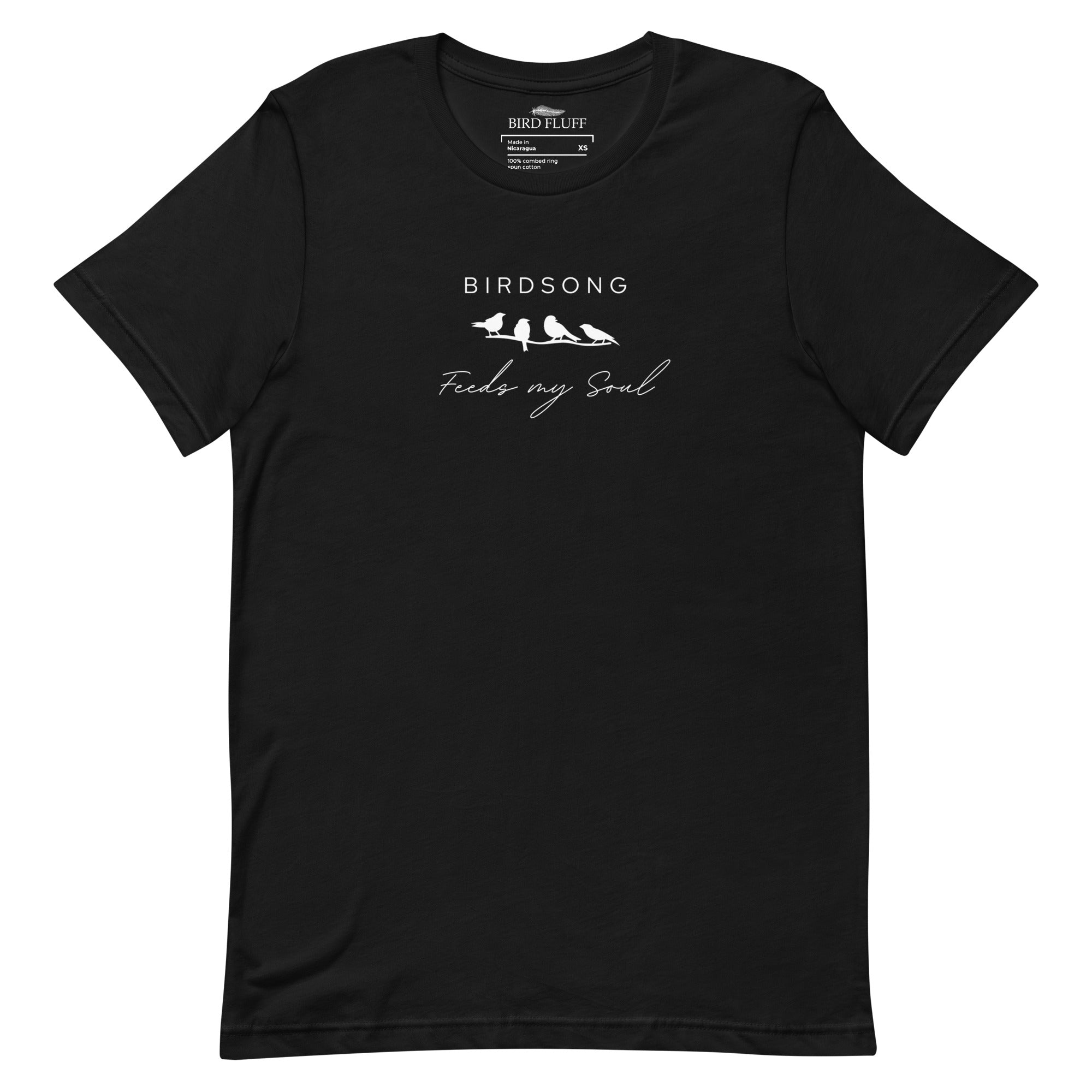 Black bird t-shirt with the words Birdsong feeds my soul placed above and below a white graphic of 4 birds on a branch.