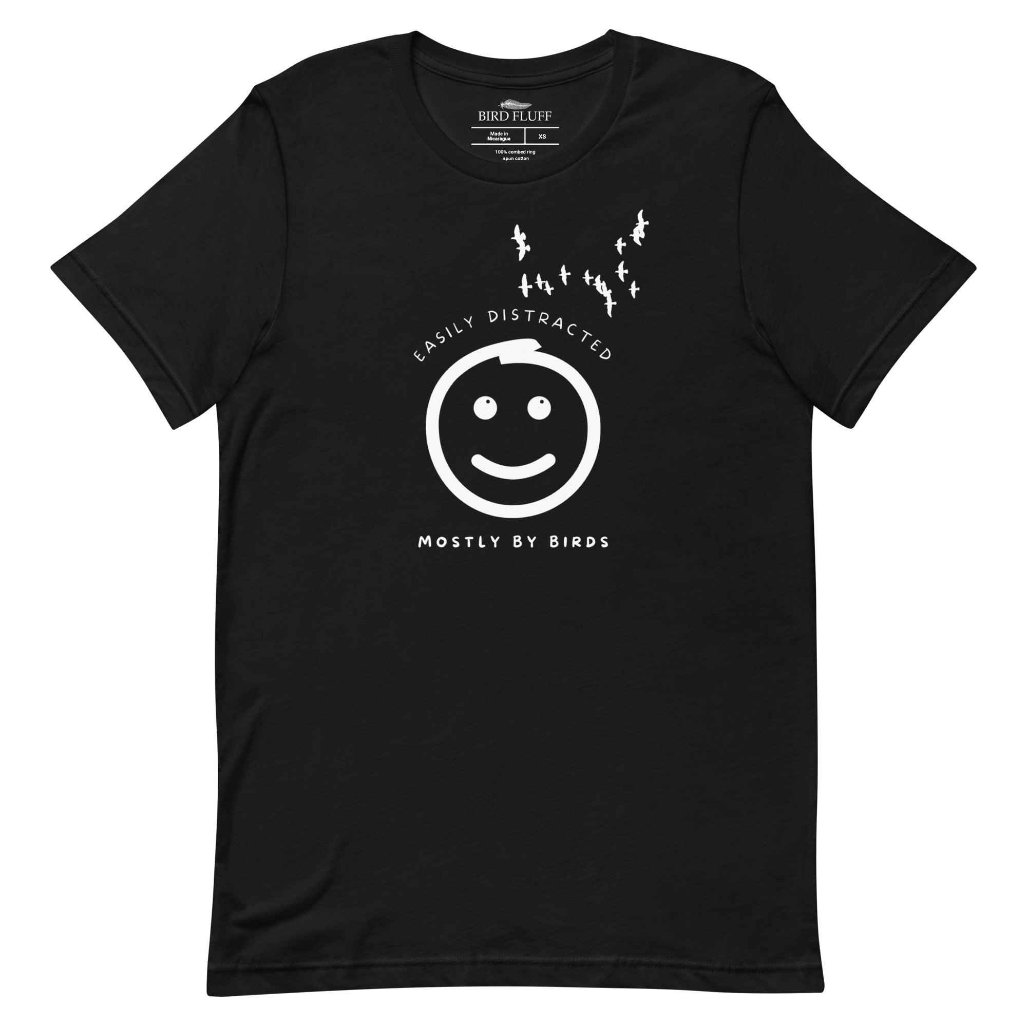 Black unisex bird t-shirt with a smiley face looking up and to the side at a flock of birds surrounded by the words, "Easily Distracted" above and, "Mostly by Birds" below. 