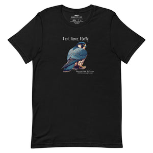 A black bird shirt with the words, "Fast. Fierce. Fluffy" above an illustration of a peregrine falcon.