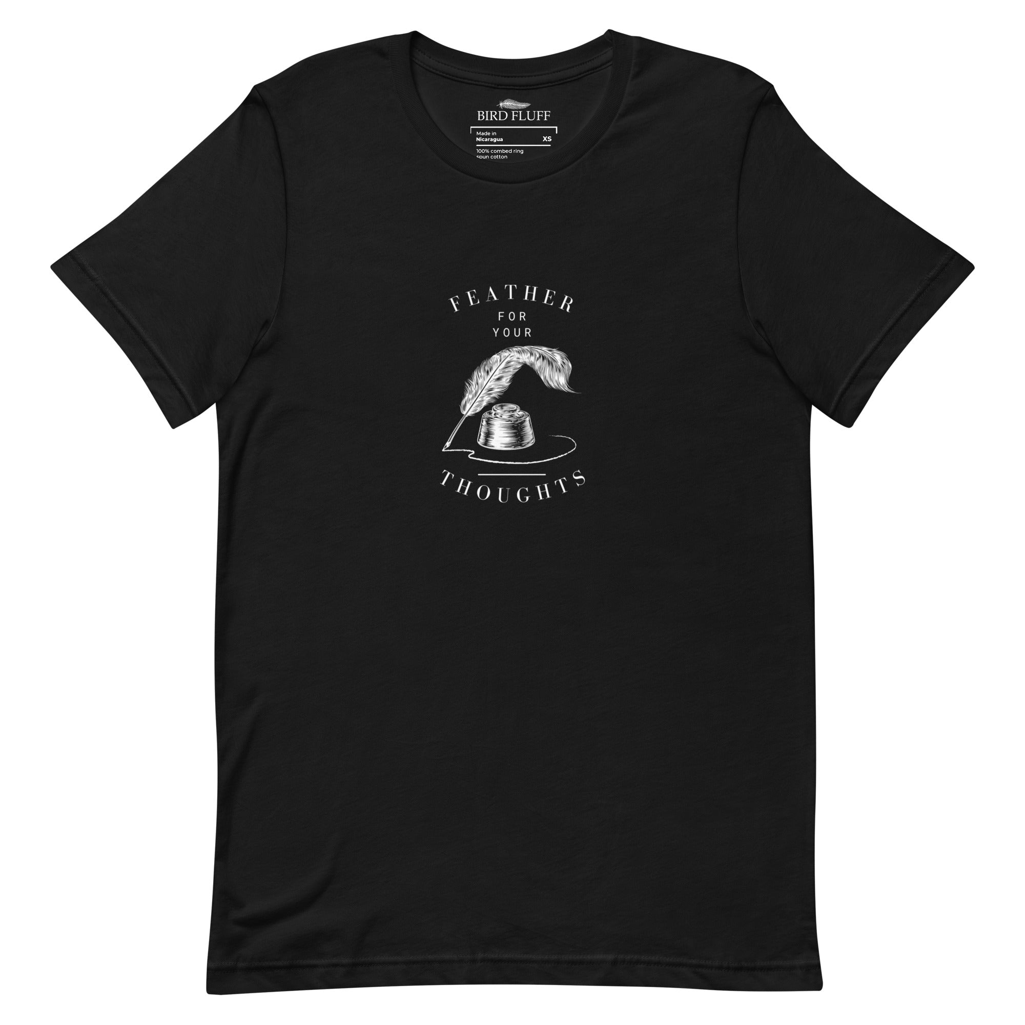 Black unisex t-shirt with a quill and an ink pot and the words, "Feather for your Thoughts."