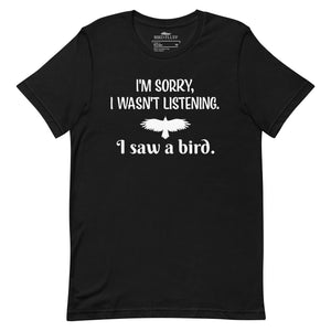 Black unisex bird t-shirt with a bird silhouettes of many different types of birds in red and arranged so they make a heart shape, on top of that the words, "Animalia, Chordata, Aves".