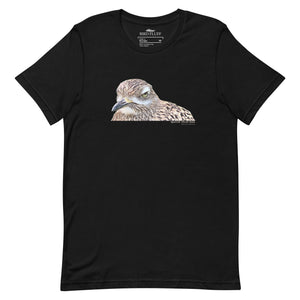 Black unisex bird shirt with a lifelike illustration of a Spotted Thickknee on the front and the words Spotted Thickknee in small print below, with the scientific name included.