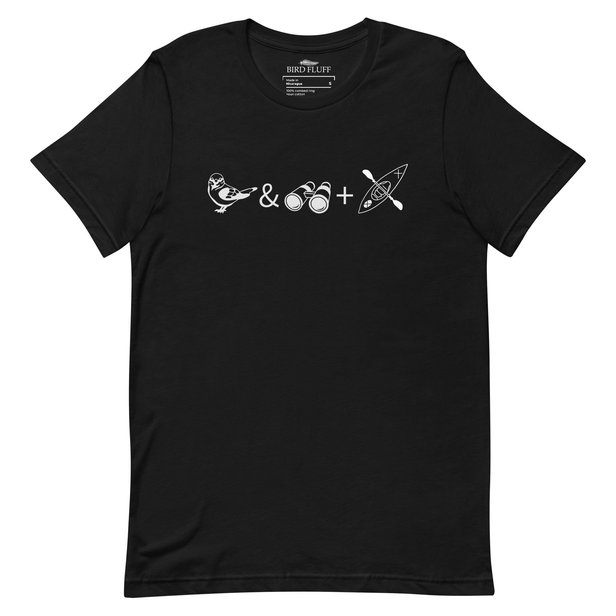 Unisex black bird t-shirt celebrating bird watching and kayaking with a graphic of binoculars, a bird, and a kayak.