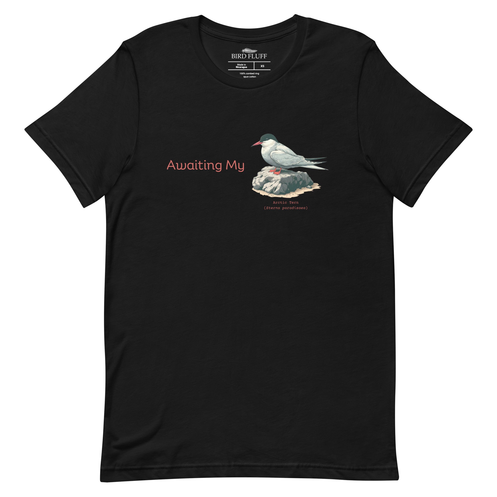 Black unisex crew neck t-shirt with a graphic of an Arctic Tern on a rock, and the words "Awaiting My" next to it in a fun pun. The words Arctic Tern and the scientific name of Sterna Paradisaea are below the bird.