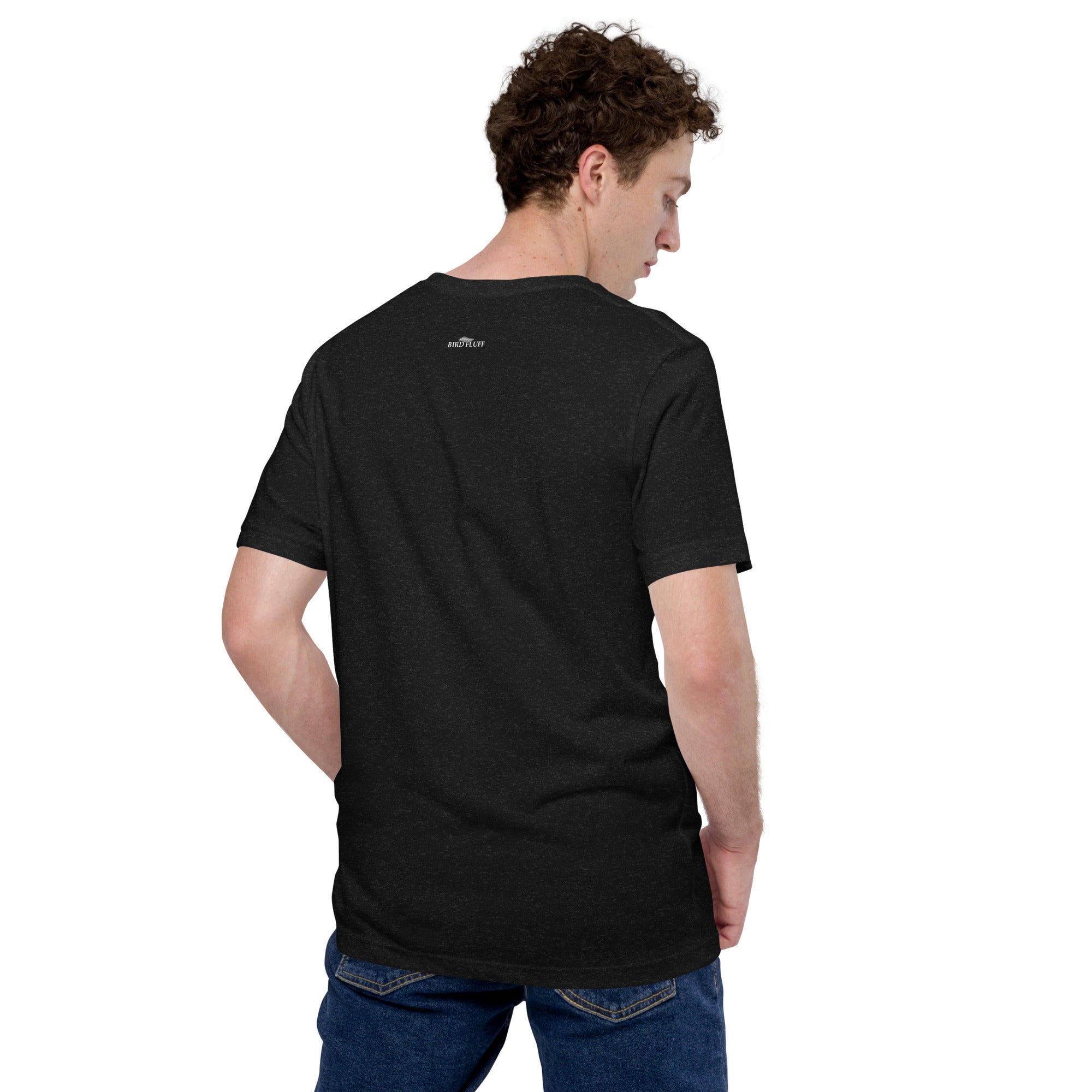 Black unisex bird t-shirt with a bird silhouettes of many different types of birds in red and arranged so they make a heart shape, on top of that the words, "Animalia, Chordata, Aves". Worn by a man, view shown is back of shirt with Bird Fluff logo near collar.