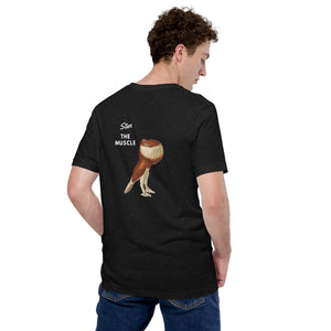 Black bird shirt with a pouter pigeon in a circle on the front and that same pigeon on the back with the words "Stan the Muscle" rear view of shirt worn by a man.