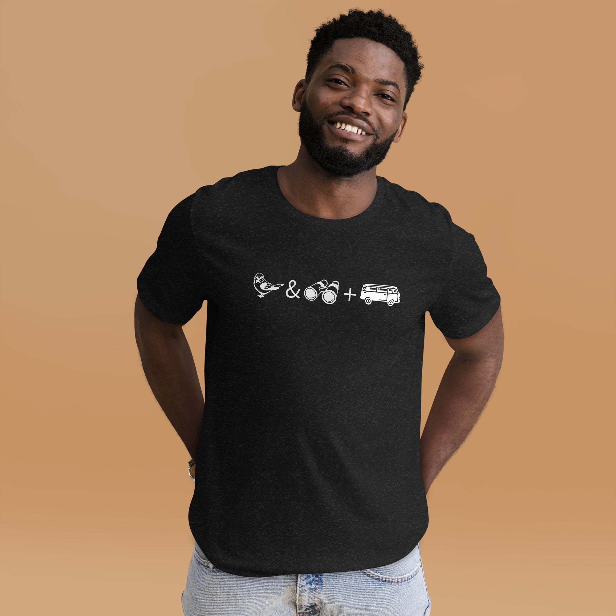 Black unisex bird t-shirt with graphics of binoculars, birds and a van. Worn by a man.