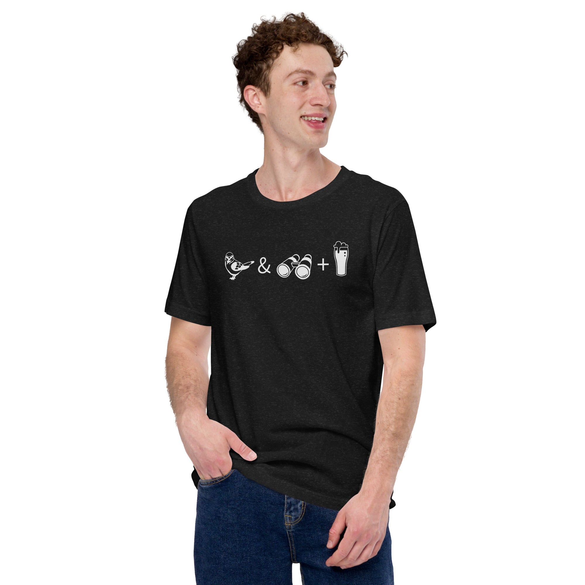 Unisex dark heather black bird t-shirt celebrating bird watching and beer with a graphic of binoculars, a bird, and a glass of beer. Worn by a man.