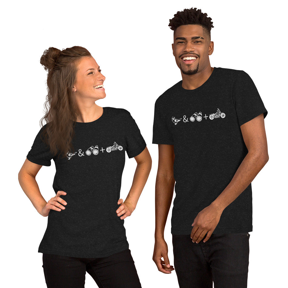 Unisex black bird t-shirt celebrating bird watching and motorcycling with a graphic of binoculars, a bird, and a motorcycle. Worn by a happy couple.