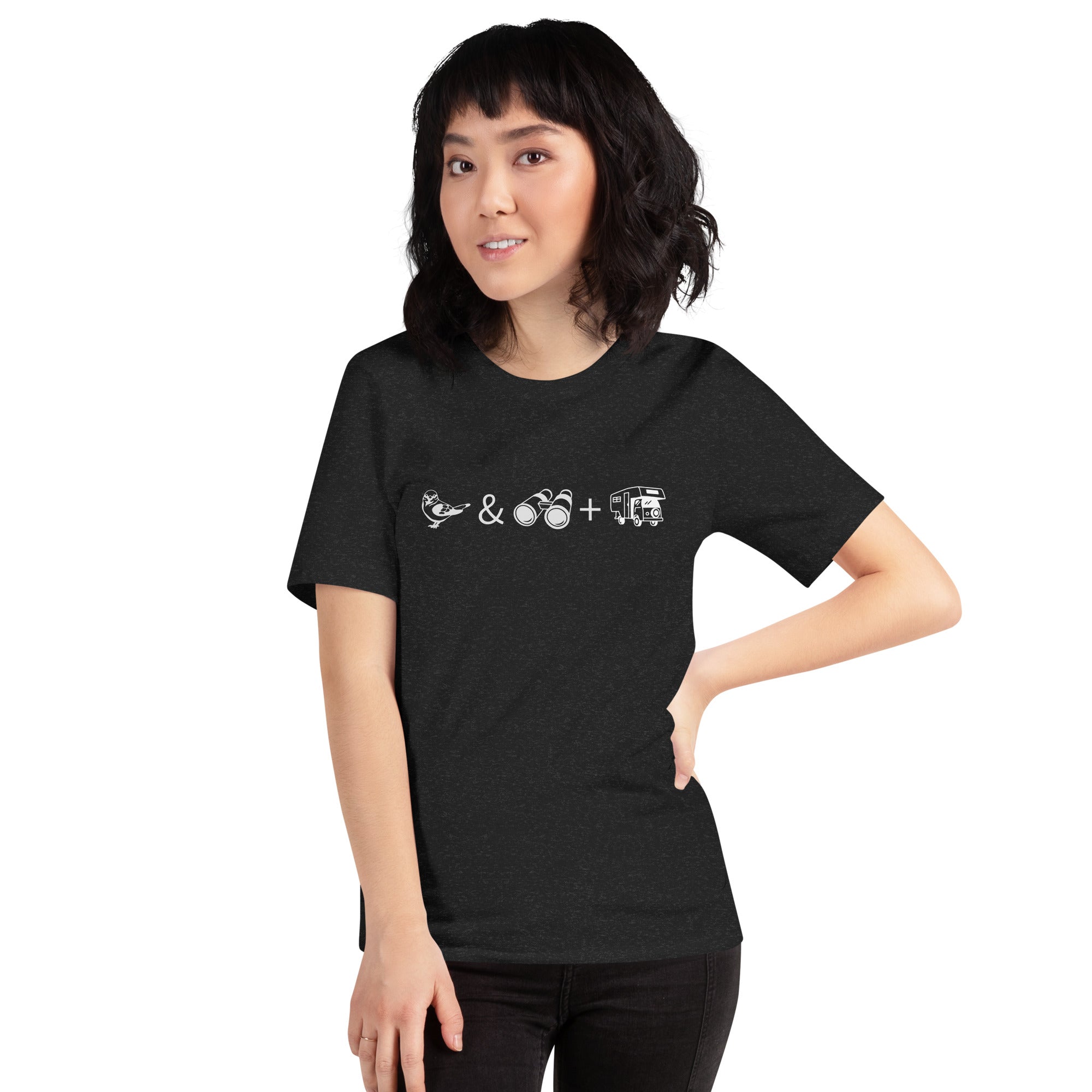 Unisex black bird t-shirt celebrating bird watching and overlanding with a graphic of binoculars, a bird, and an overlanding vehicle.