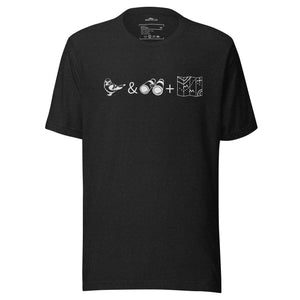 Unisex black bird t-shirt celebrating bird watching and the backcountry with a graphic of binoculars, a bird, and a map.