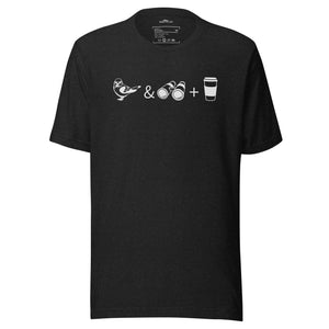 Unisex dark heather black bird t-shirt celebrating bird watching and coffee with a graphic of binoculars, a bird, and a travel cup of coffee.