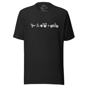 Unisex black bird t-shirt celebrating bird watching and motorcycling with a graphic of binoculars, a bird, and a motorcycle. 