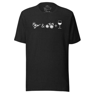 Unisex dark heather black bird t-shirt celebrating bird watching and wine drinking with a graphic of binoculars, a bird, and a glass of wine.