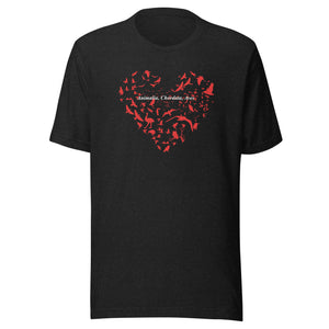 Black unisex bird t-shirt with a bird silhouettes of many different types of birds in red and arranged so they make a heart shape, on top of that the words, "Animalia, Chordata, Aves".