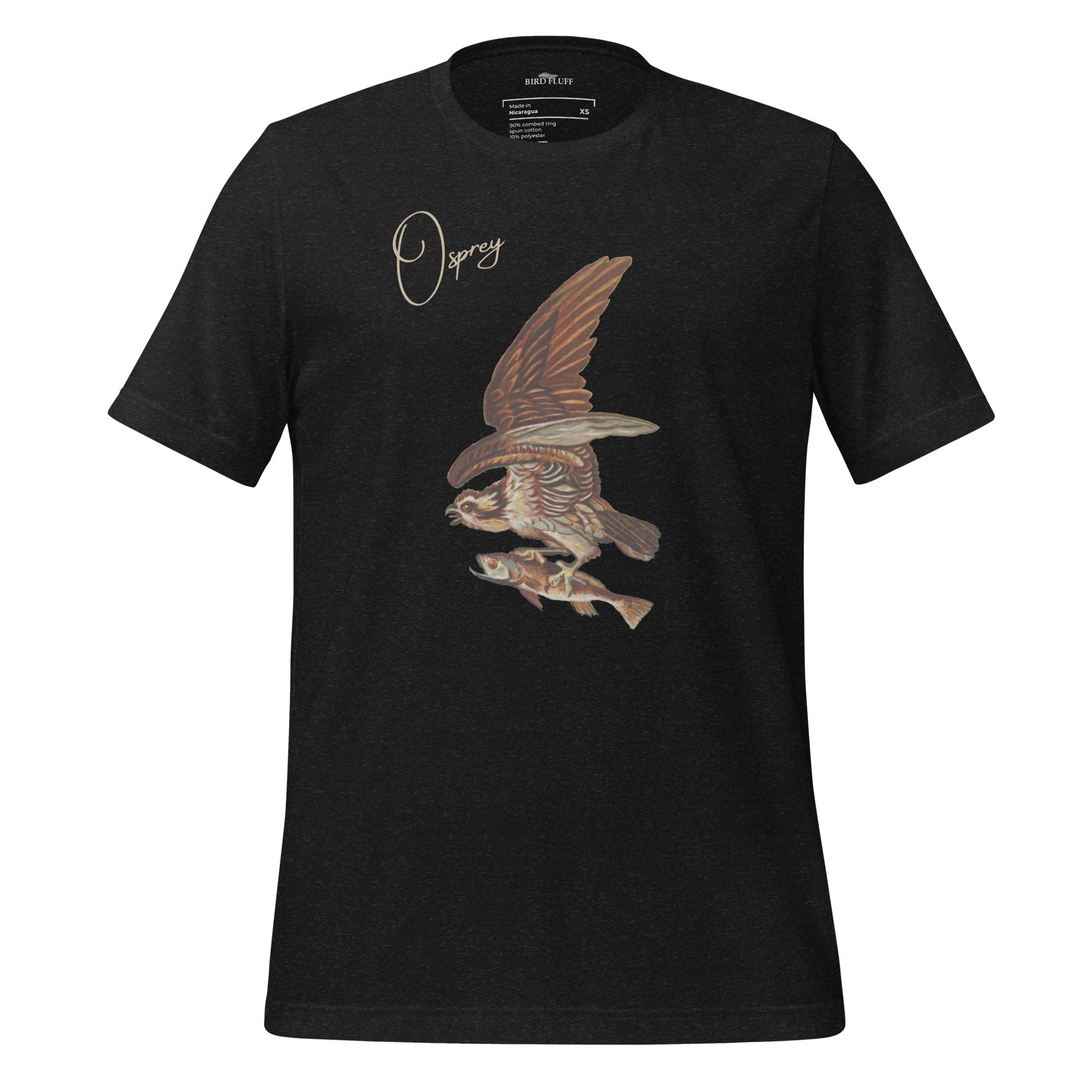 Black bird shirt with vintage art of an osprey with a fish in its talons and the word "Osprey in the top right.