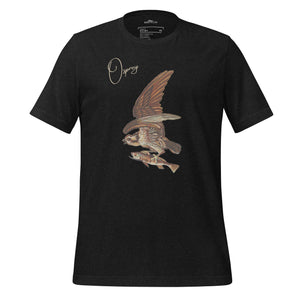 Black bird shirt with vintage art of an osprey with a fish in its talons and the word "Osprey in the top right.