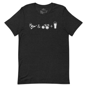 Unisex dark heather black bird t-shirt celebrating bird watching and beer with a graphic of binoculars, a bird, and a glass of beer. 