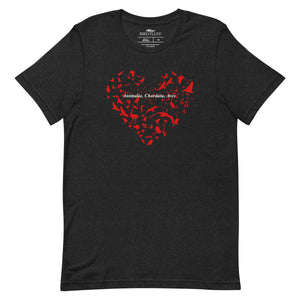 Black unisex bird t-shirt with a bird silhouettes of many different types of birds in red and arranged so they make a heart shape, on top of that the words, "Animalia, Chordata, Aves".