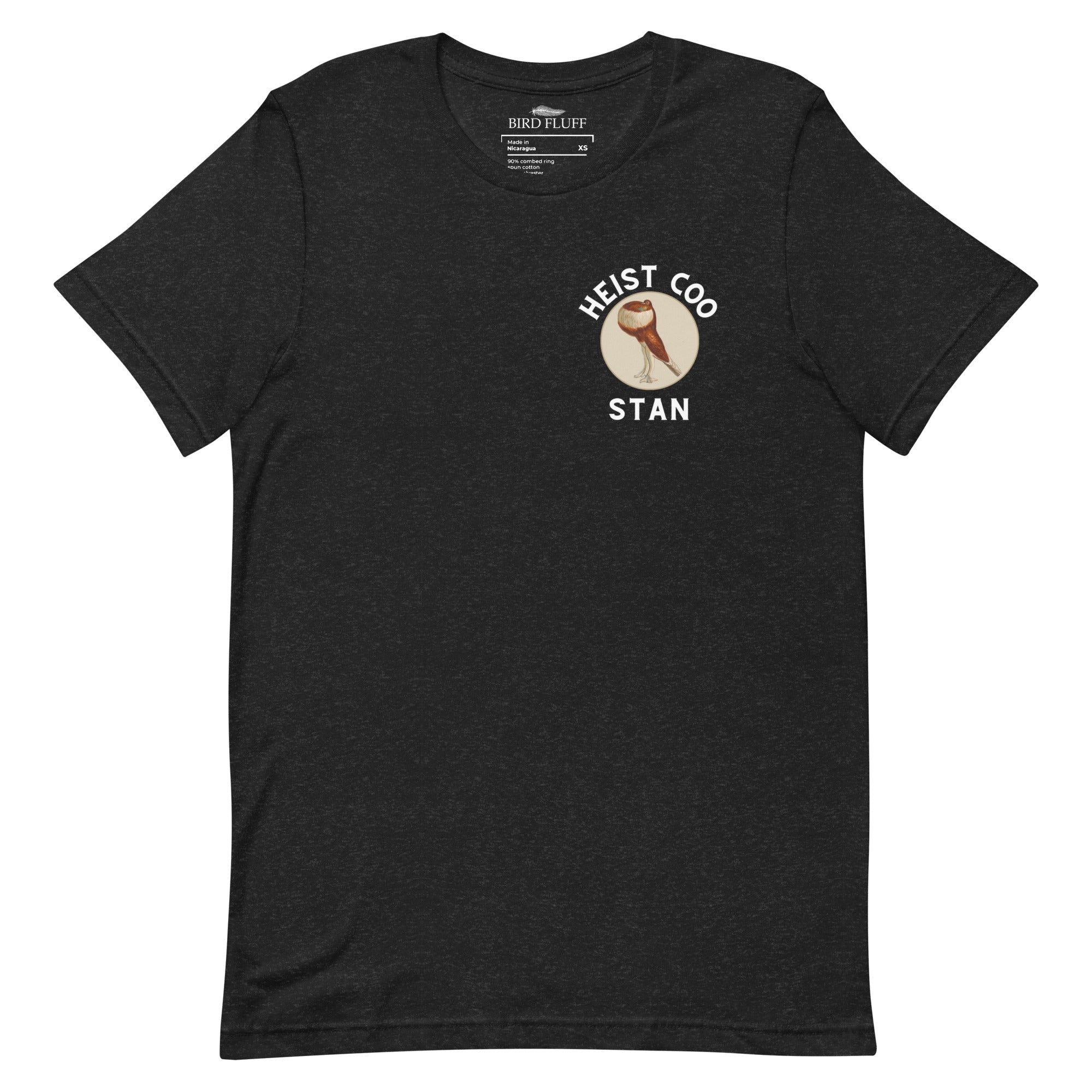 Black bird shirt with a pouter pigeon in a circle on the front and that same pigeon on the back with the words "Stan the Muscle"