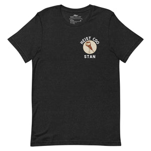 Black bird shirt with a pouter pigeon in a circle on the front and that same pigeon on the back with the words "Stan the Muscle"