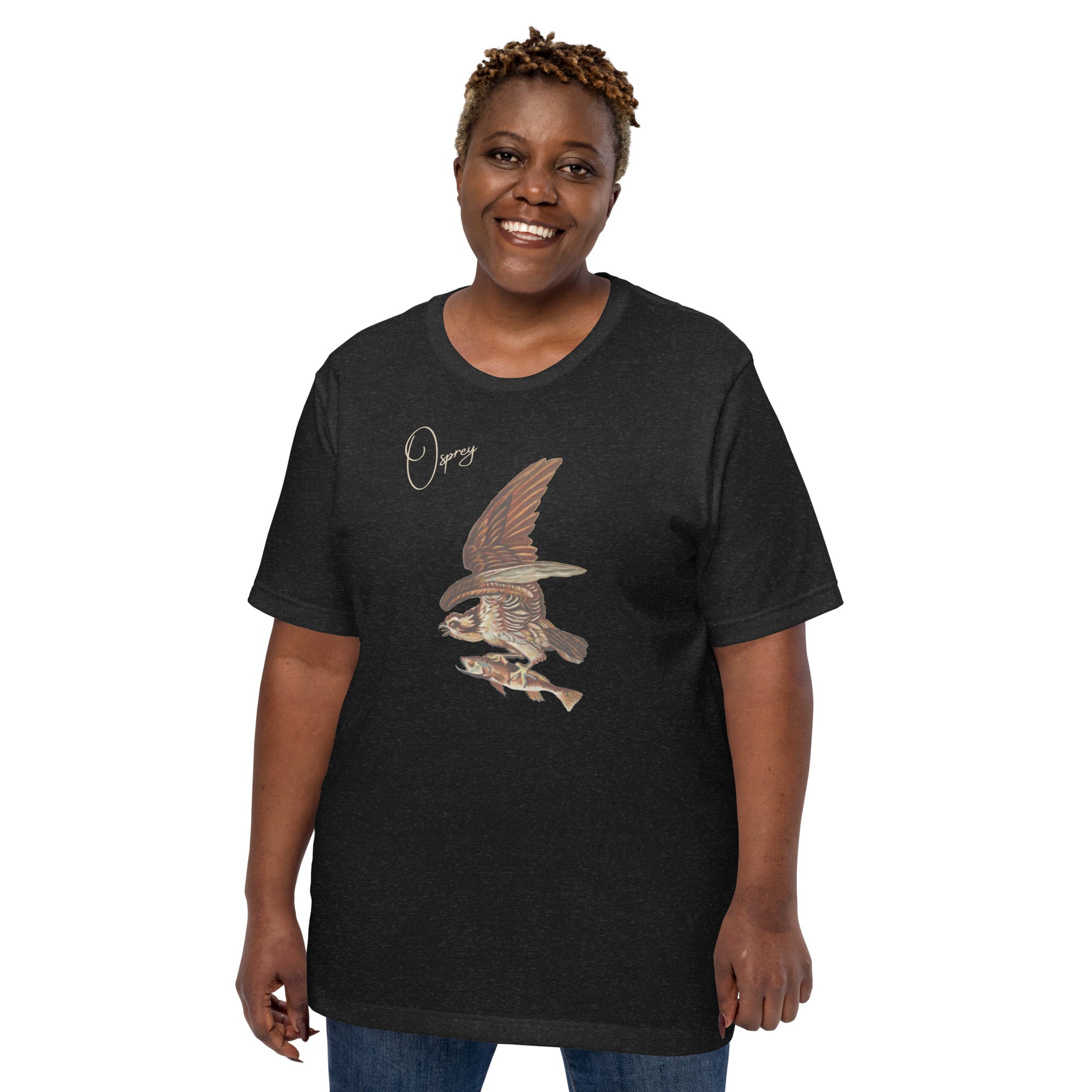 Black bird shirt with vintage art of an osprey with a fish in its talons and the word "Osprey in the top right.