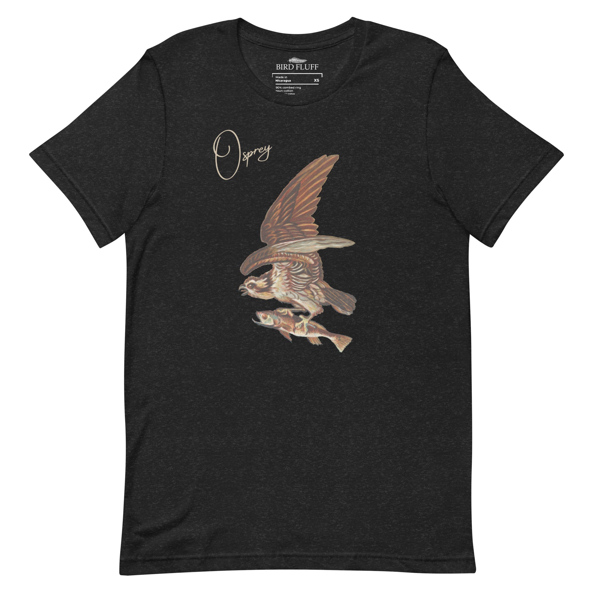 Black bird shirt with vintage art of an osprey with a fish in its talons and the word "Osprey in the top right.